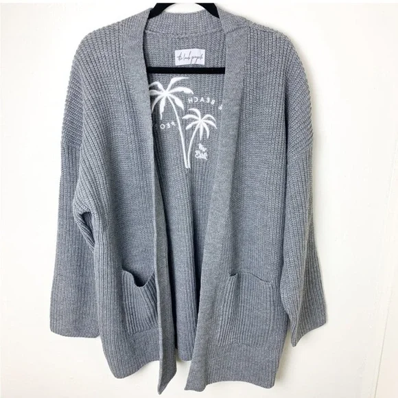 SOLD! THE BEACH PEOPLE Gray Twin Palms Chunky Knit Open Front Cardigan XL/2XL - Picture 2 of 16